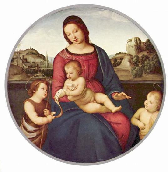 RAFFAELLO Sanzio Madonna Terranuova, Szene: Maria mit Christuskind und zwei Heiligen, Tondo oil painting image